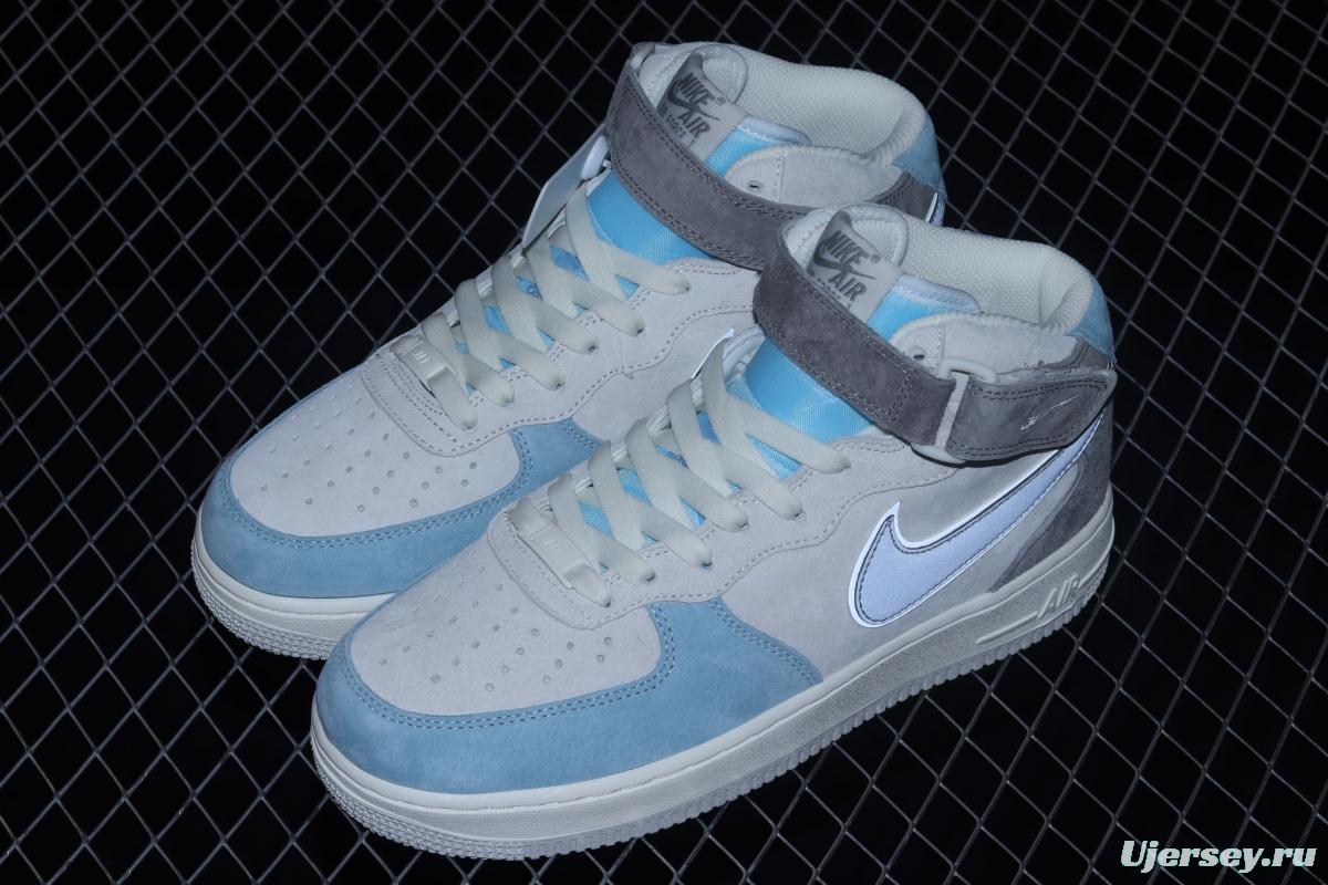 NIKE Air Force 1x 07 Mid light gray and blue suede medium top casual board shoes AL6896-559