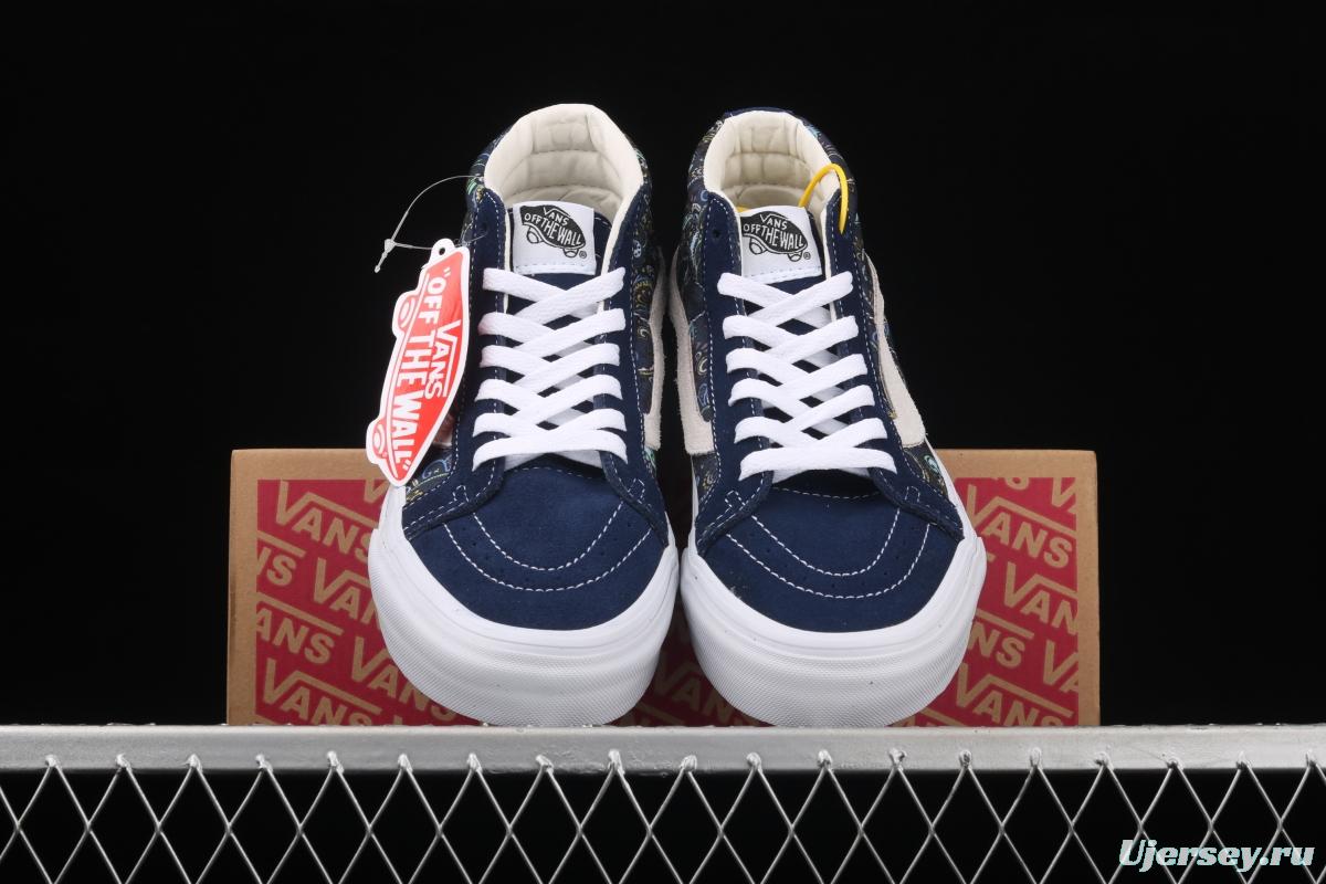 Vans Sk8-Mid Reissue cashew flower Tibetan blue color Zhongbang casual board shoes VN0A391FITN