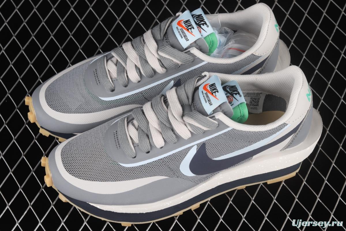 Clot x Sacai x NIKE LDWaffle Cool Grey gray and blue deconstruction tripartite joint name waffle double hook catwalk style casual shoes DH3114-001