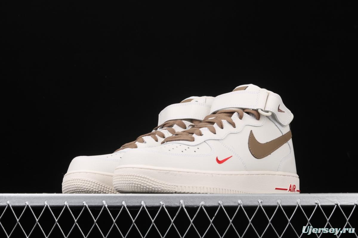 NIKE Air Force 1 Mid milky white light brown hook high top casual board shoes 808788-998