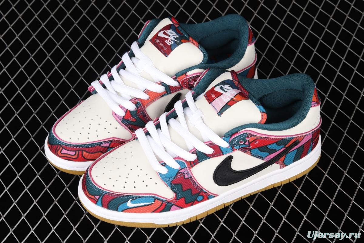 Parra x NIKE DUNK SB Low Pro White, Blue and Red Abstract Art scratch Music Olympic Slam Dunk Series retro low-top leisure sports skateboard shoes DH7695-600