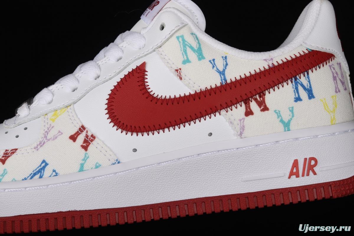 NIKE Air Force 1: 07 MLB Yankees co-signed white and red full sky star color sail leather splicing low upper board shoes 315122-443