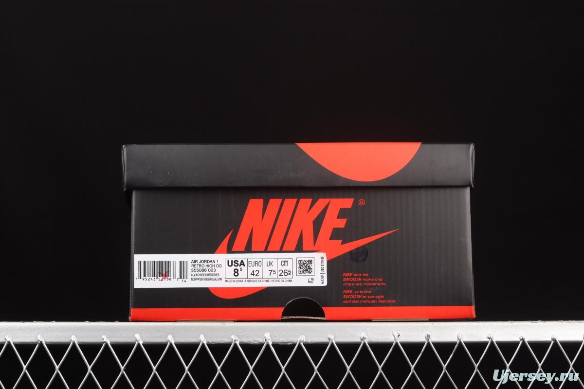 Air Jordan 1 High OG Bred Patent lacquered leather black and red high top basketball shoes 555088-063