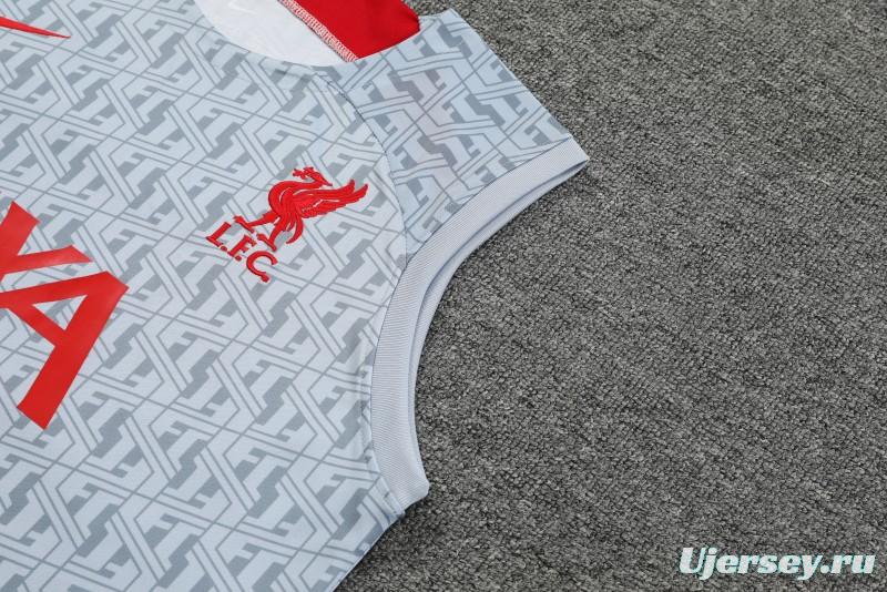 23-24 Liverpool White/Grey Grid Vest Jersey+Shorts