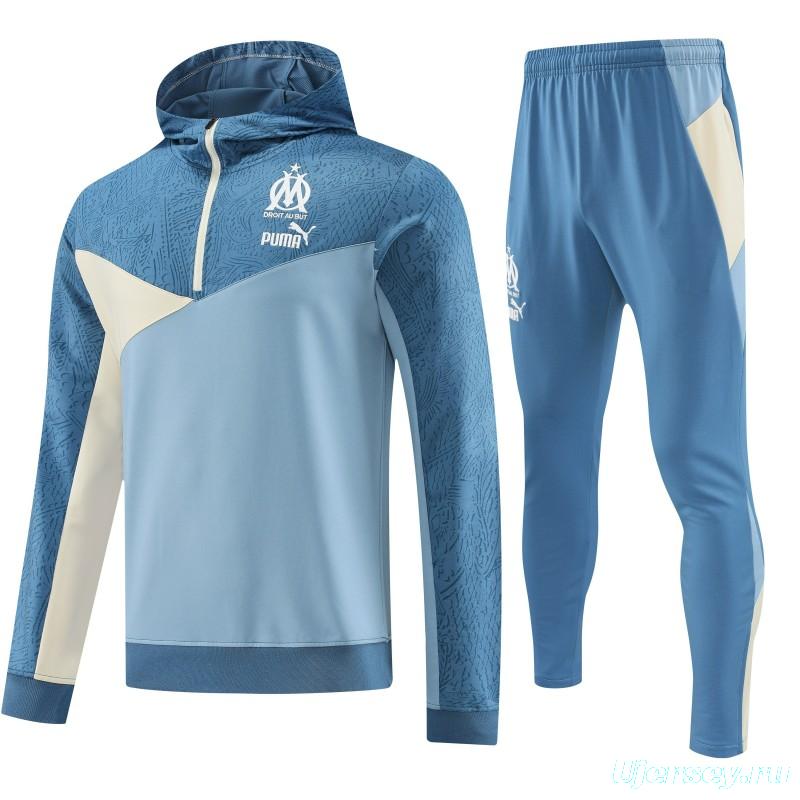 23/24 Olympique Marseille Blue Half Zipper Hoodie Jacket +Pants