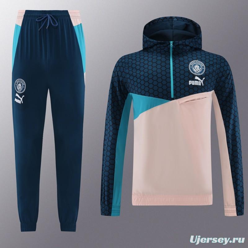 23/24 Manchester City Half Navy/Pink Half Zipper Windbreaker Jacket+Pants