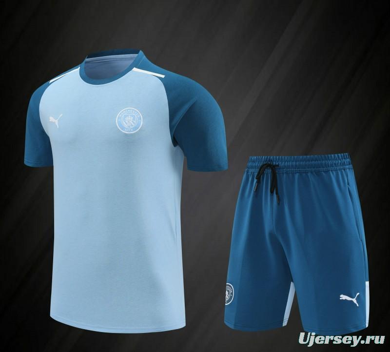 23/24 Manchester City Blue Cotton Short Sleeve Jersey+Shorts