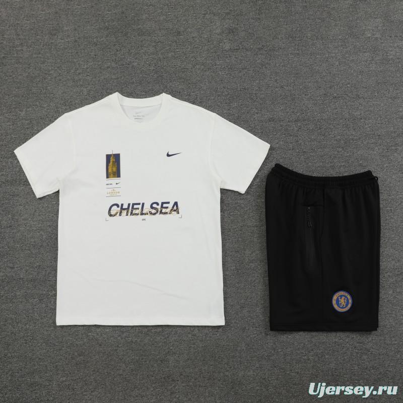 23/24 Chelsea White Cotton Short Sleeve Jersey+Shorts