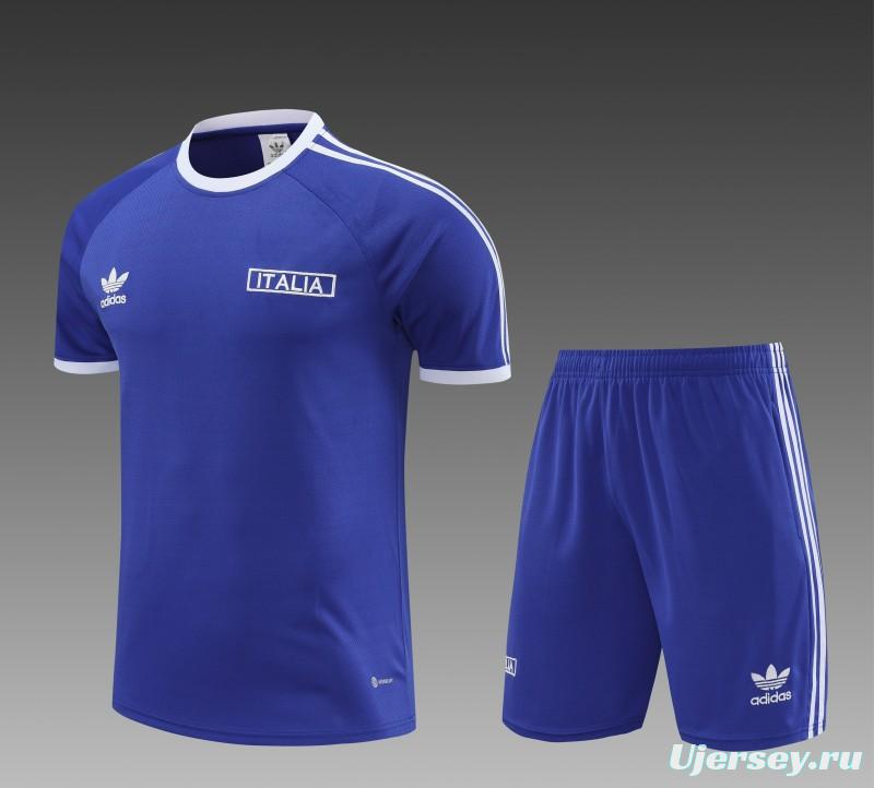 2024 Italy Blue Cotton Short Sleeve Jersey+Shorts