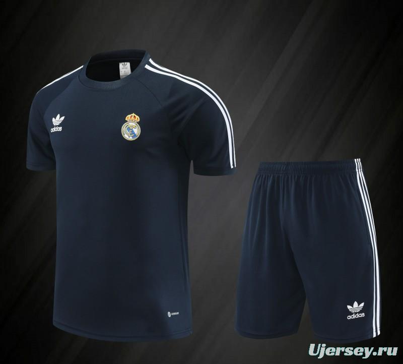 23/24 Adidas Originals Real Madrid Navy Cotton Short Sleeve Jersey+Shorts