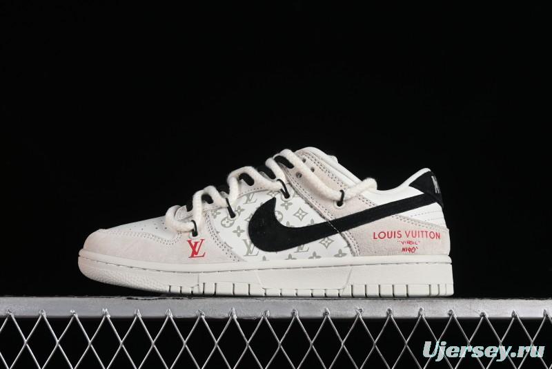 Nike SB Dunk Low LV Collaboration Anniversary Customized Sneakers in Off-White Black Swoosh Triple Floral - SJ2068-235