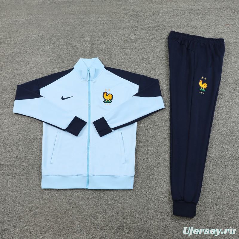 2024 France Light Blue Full Zipper Jacket +Long Pants