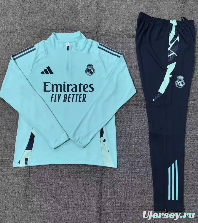 24/25 Kids Real Madrid Lake Blue Half Zipper Jacket+Long Pants