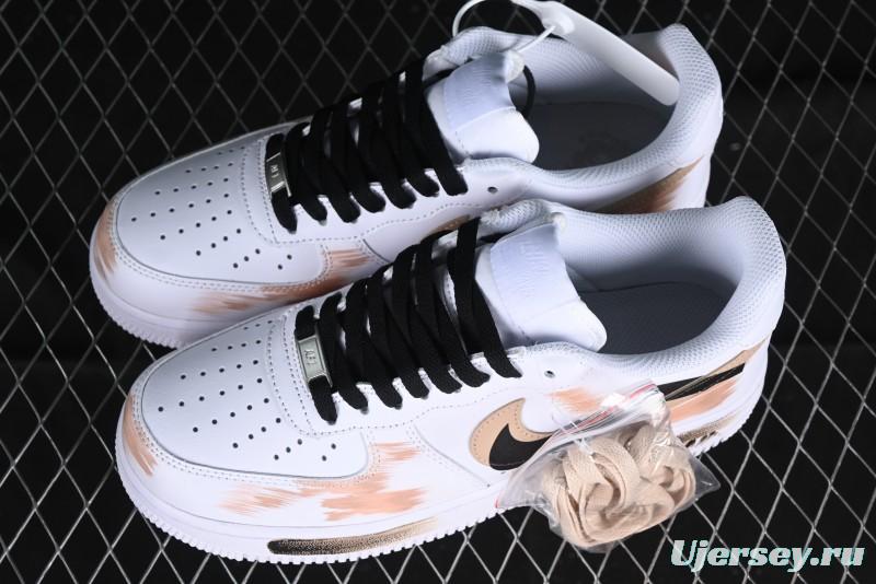 Nike Air Force 1 '07 Low Casual Sneakers with Anime-Inspired Hand-Painted Design, Broken Swoosh Shadow Effect, Brown/Black - CW2288-111