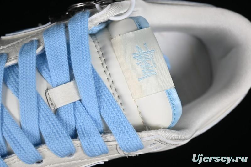 Stussy x Nike Dunk Low SB Skate Shoes in White with Light Blue Swoosh - DQ1098-380