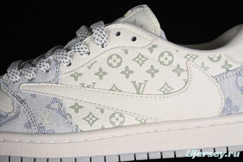 Nike Air Jordan 1 Low OG SP Travis Scott x Fragment Design LV Washed Blue Denim Casual Sneakers - SJ2068-007