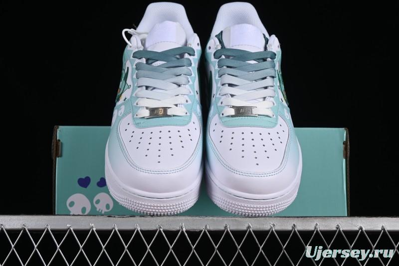 Nike Air Force 1 '07 Low Witch Collaboration Custom Leather Sneakers with Skull and Gradient White-Green Design - CW2288-111