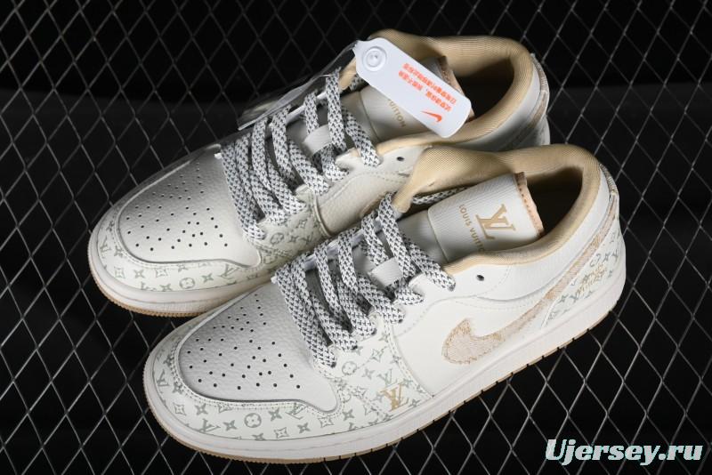 Nike Air Jordan 1 Low AJ1 Louis Vuitton Print Khaki Custom High-End Low-Top Basketball Shoes - SJ9950-004