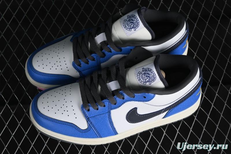 Nike Air Jordan 1 Low Flight Vintage Casual Sneakers with Distressed White-Blue Design - FV8439-104
