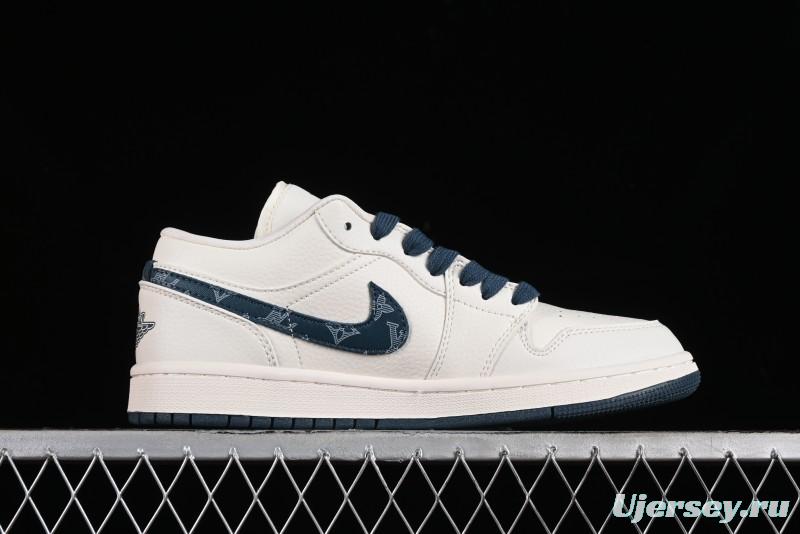 Nike Air Jordan 1 Low LV Collaboration - White with Blue Swoosh Custom Casual Sneakers - WG8850-005