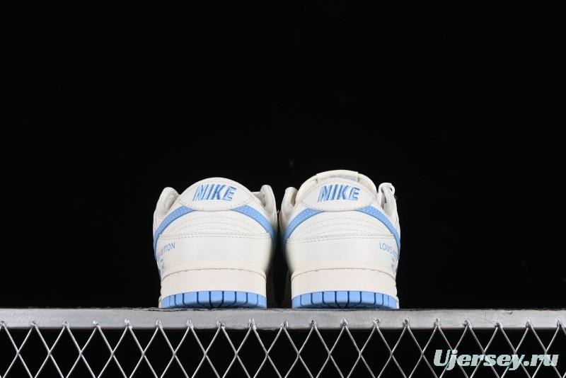 Nike SB Dunk Low LV Collaboration - Beige Blue Double Swoosh Print Anniversary Custom Low-Top Casual Sneakers - CF3688-005