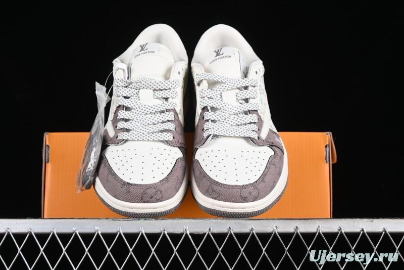 Nike Travis Scott x Fragment Design x Air Jordan 1 Low OG SP AJ1 LV Collaboration Light Grey Denim Low-Top Casual Sneakers - SJ2068-105