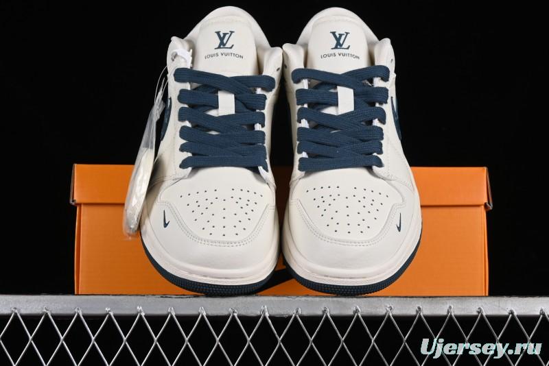 Nike Air Jordan 1 Low LV Collaboration - White with Blue Swoosh Custom Casual Sneakers - WG8850-005