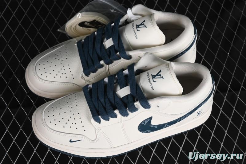 Nike Air Jordan 1 Low LV Collaboration - White with Blue Swoosh Custom Casual Sneakers - WG8850-005