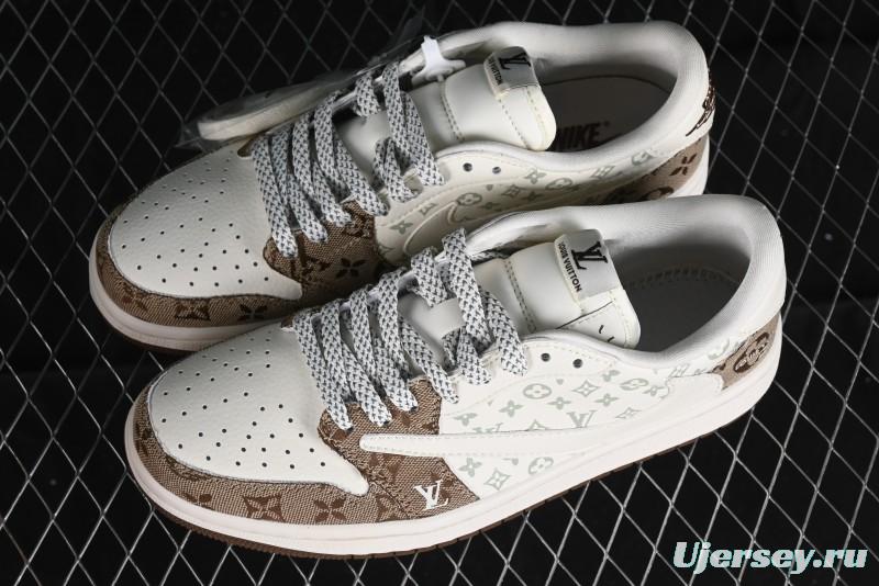Nike Travis Scott x Fragment Design x Jordan Air Jordan 1 Low OG SP AJ1 LV Light Brown Print Casual Sneakers - SJ2068-102