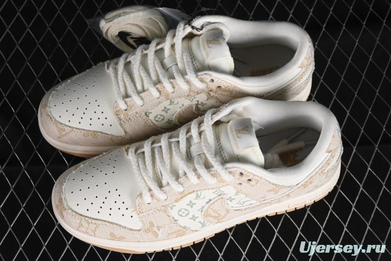 Nike SB Dunk Low LV Collaboration - Beige Swoosh Anniversary High-End Custom Low-Top Casual Skate Shoes - SJ2068-258