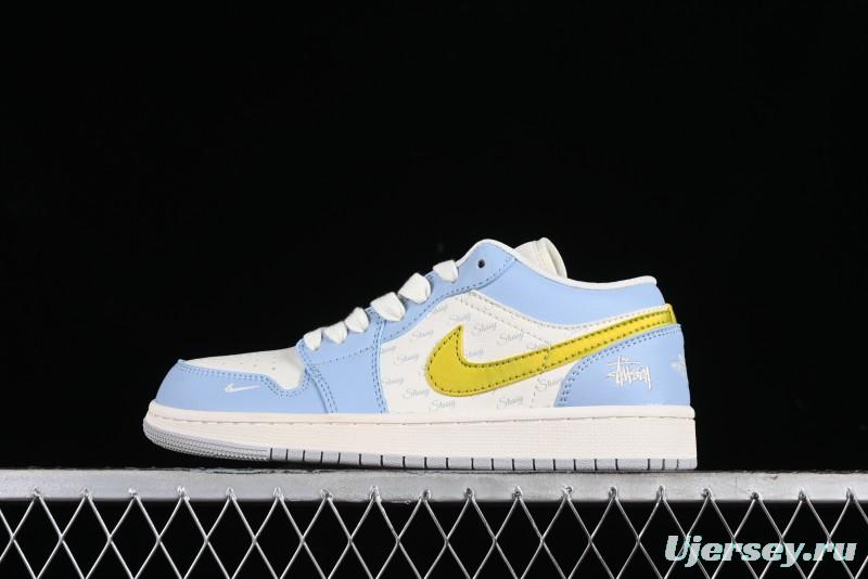 Nike Air Jordan 1 Low Stussy Collaboration - Blue Gold Custom High-End Basketball Shoes - WG8850-007