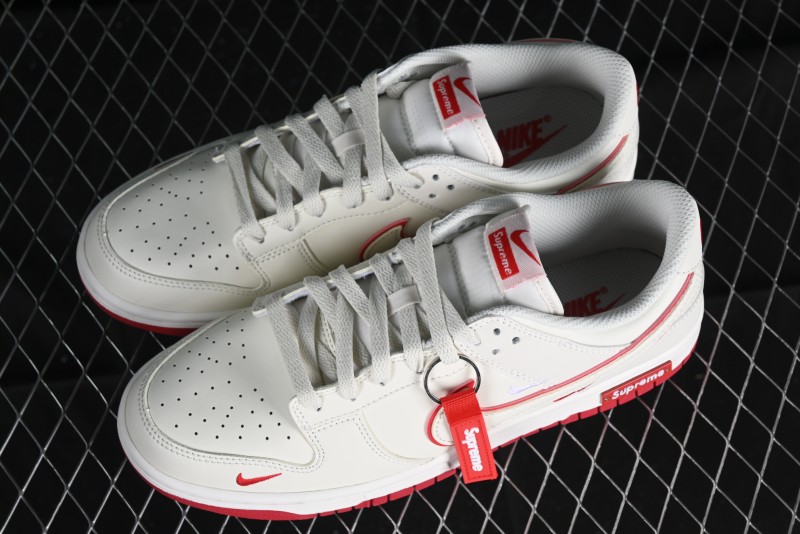 Nike SB Dunk Low Supreme Collaboration - Beige Red Mini Swoosh Anniversary Custom Low-Top Casual Skate Shoes - DJ2024-004