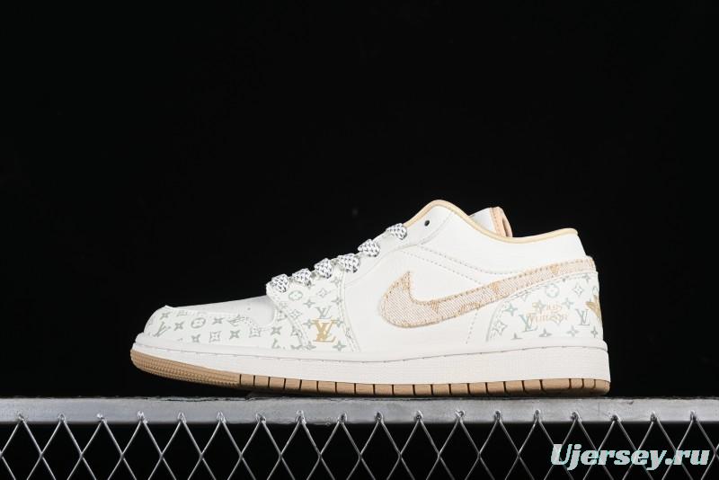 Nike Air Jordan 1 Low AJ1 Louis Vuitton Print Khaki Custom High-End Low-Top Basketball Shoes - SJ9950-004