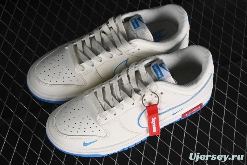Nike SB Dunk Low Supreme Collaboration - Cream White with Sky Blue Swoosh Anniversary Customized Low-Top Casual Skate Shoes - DJ2024-012
