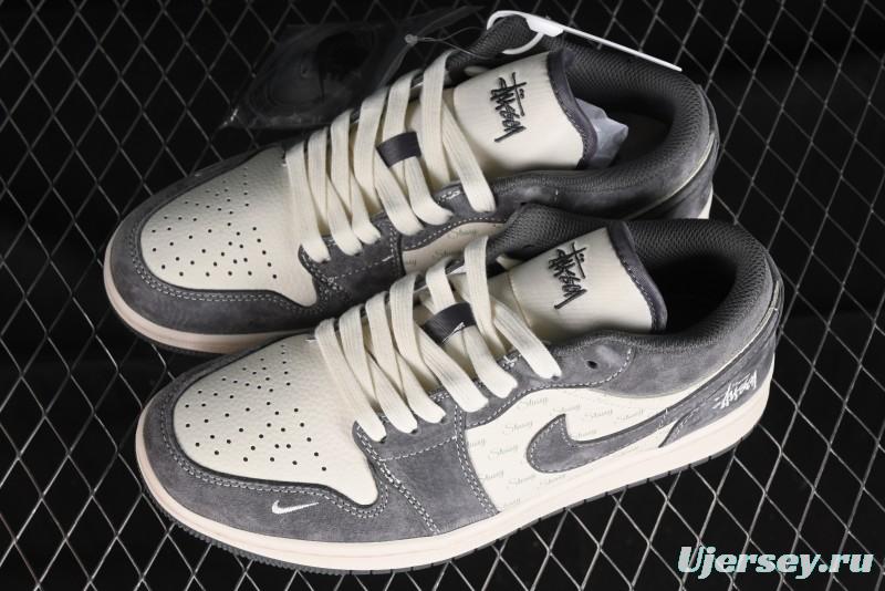 Nike Air Jordan 1 Low AJ1 Stussy Collaboration - Grey Pigskin Custom Low-Top Basketball Shoes - SJ9950-010