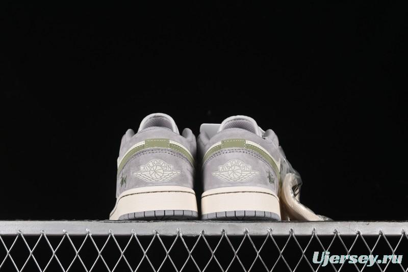 Nike Air Jordan 1 Low Stussy Collaboration - Light Green Elegant Grey Retro Basketball Shoes - WG8850-016
