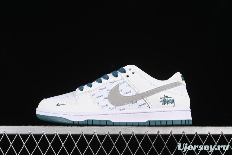 Nike SB Dunk Low Stussy Collaboration - White Grey Green Print Anniversary High-End Custom Low-Top Casual Skate Shoes - XX2025-808