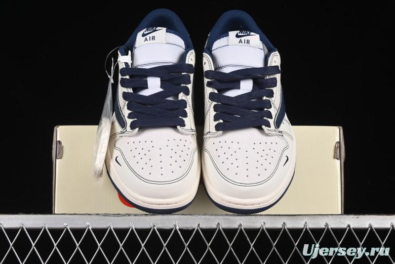 Nike Travis Scott x Fragment Design x Air Jordan 1 Low OG SP AJ1 Supreme Collaboration - Dark Blue Swoosh Low-Top Casual Sneakers - XZ2268-001