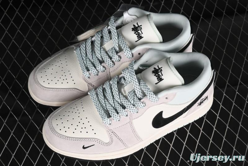 Nike Air Jordan 1 Low Stussy Collaboration - Black Blue Pigment Patchwork Retro Basketball Shoes - LJ6688-008