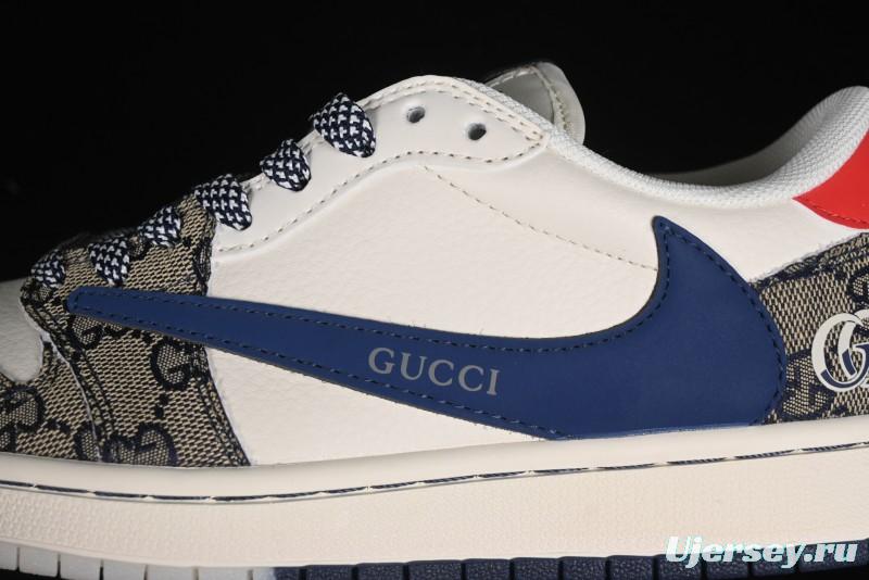 Nike Travis Scott x Fragment Design x Air Jordan 1 Low OG SP AJ1 Gucci Collaboration - Silver Logo Blue Swoosh Low Top Casual Sneakers - XY2688-118