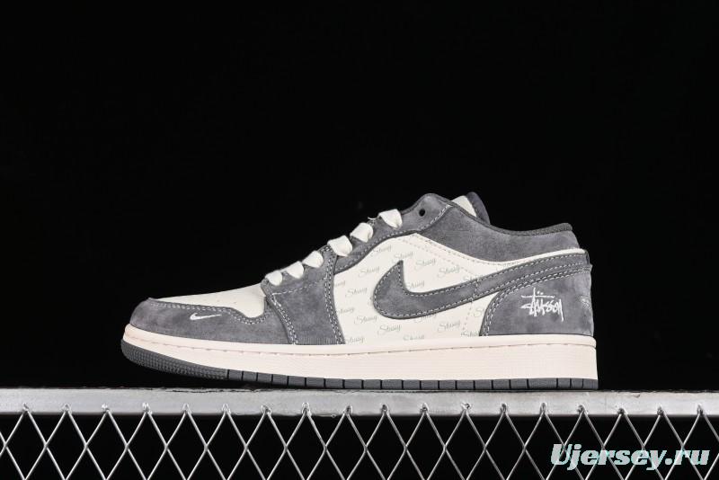 Nike Air Jordan 1 Low AJ1 Stussy Collaboration - Grey Pigskin Custom Low-Top Basketball Shoes - SJ9950-010