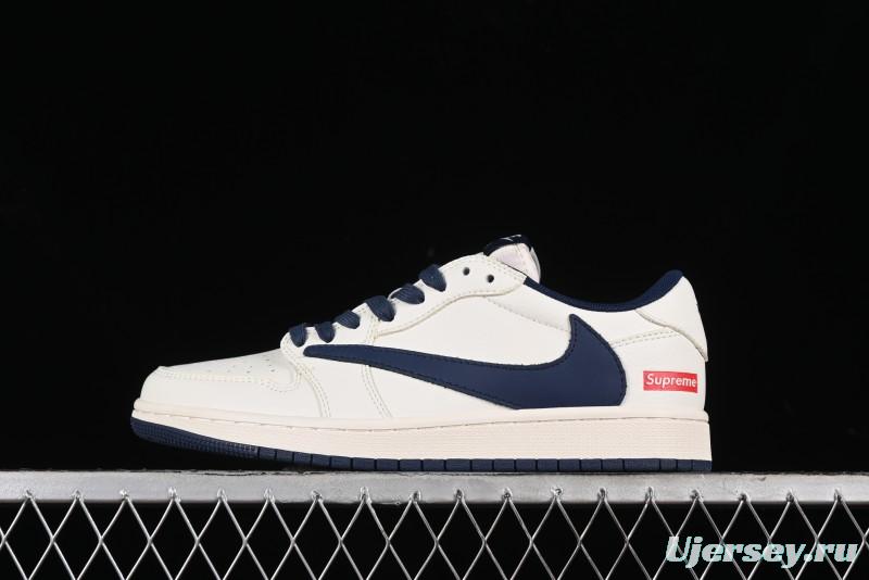 Nike Travis Scott x Fragment Design x Air Jordan 1 Low OG SP AJ1 Supreme Collaboration - White Navy Blue Low Top Casual Sneakers - XZ116