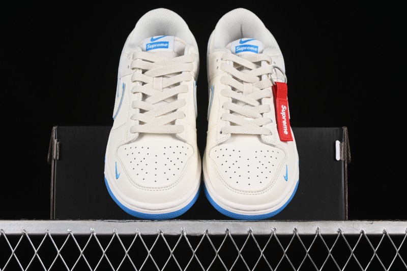 Nike SB Dunk Low Supreme Collaboration - Cream White with Sky Blue Swoosh Anniversary Customized Low-Top Casual Skate Shoes - DJ2024-012