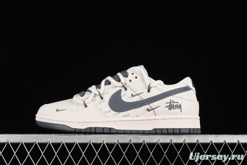 Stussy x Nike Dunk Low SB Sneakers in Off-White and Gray with Stussy S Titanium Accessory - SJ2068-275
