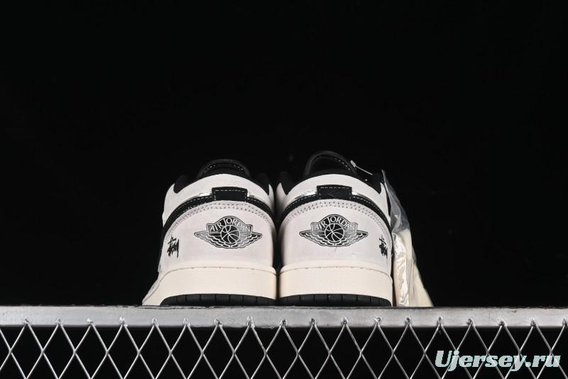 Nike Air Jordan 1 Low Stussy Collaboration - Silver Trim Black Swoosh Retro Basketball Shoes - SJ9950-026