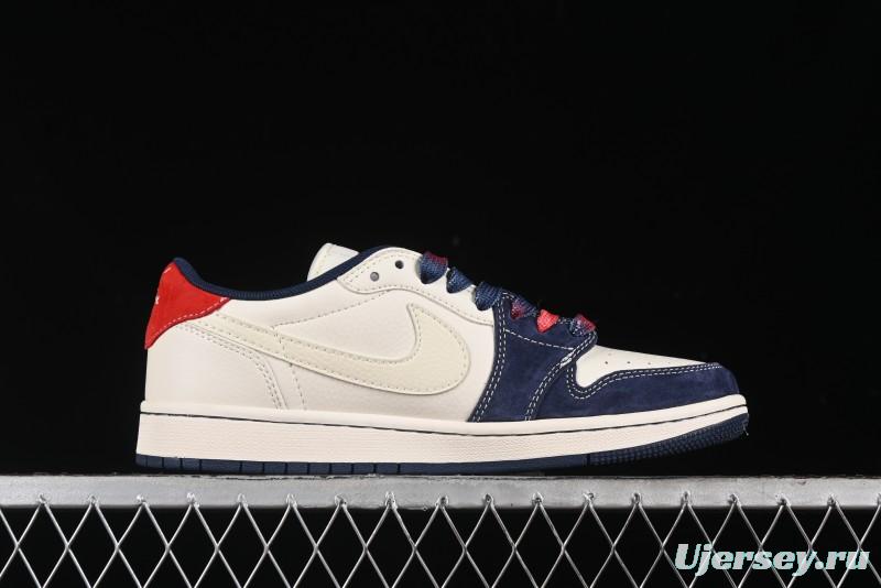 Nike Travis Scott x Fragment Design x Air Jordan 1 Low OG SP AJ1 Supreme Collaboration - Deep Blue Red Culture Casual Sneakers - XY2688-122