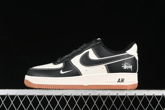Nike Air Force 1 '07 Low Stussy Collaboration - Black Gum Marked Swoosh Low-Top Casual Sneakers - XZ9688-001