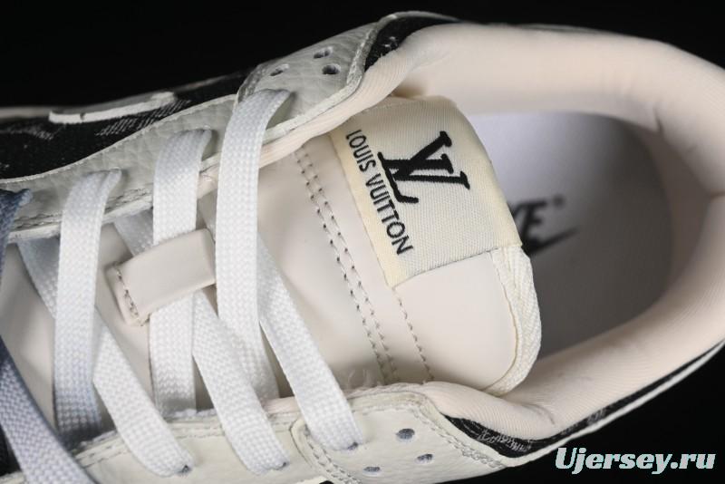 Nike SB Dunk Low LV Collaboration - Beige Black Printed Denim Anniversary High-End Custom Low-Top Casual Skate Shoes - XB3802-357