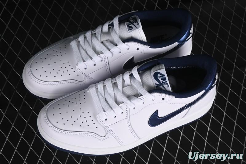 Nike Air Jordan 1 Low 85 Retro Sneakers in White with Metallic Blue Swoosh - FB9933-141