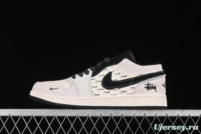 Nike Air Jordan 1 Low Stussy Collaboration - Silver Trim Black Swoosh Retro Basketball Shoes - SJ9950-026